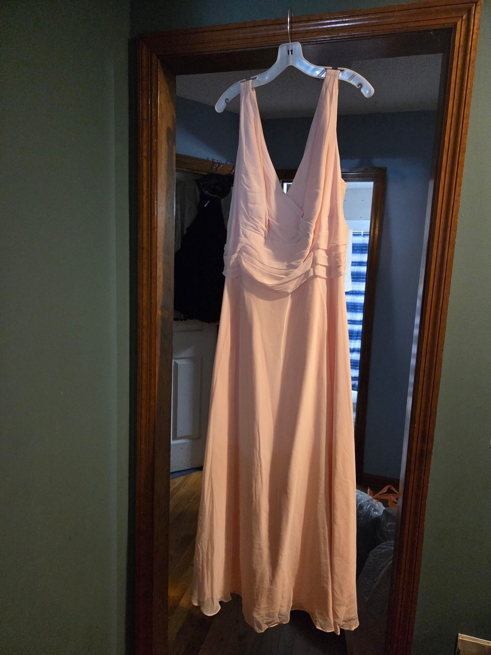 David's Bridal Peach Chiffon V-Neck Maxi Dress